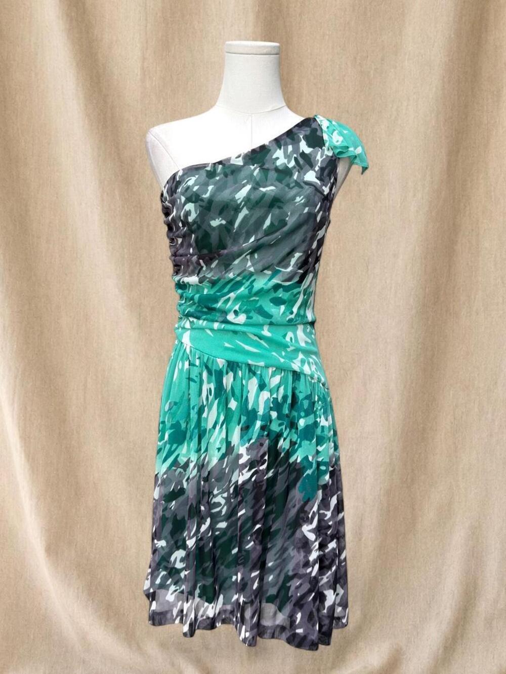 Nine West teal and gray print dress with ruched detail and asymmetrical neckline